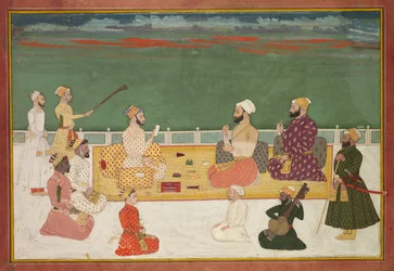 Gruppenporträt von Rajas umgeben von der höfischen Gefolgschaft, um 1700-20