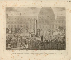 Guillotine errichtet auf dem Platz du Carrousel, am 13. August 1792