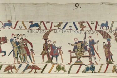Harold und Graf Guy von Ponthieu sprechen zusammen in Beaurain, Teppich von Bayeux (Wollstickerei auf Leinen)