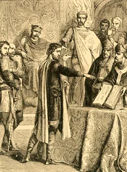 Harold schwört, das Recht des Herzogs der Normandie auf den Thron von England zu wahren, ca. 1890