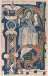 Historisierte Initiale P aus einem Choralbuch: St. Michael und der Drache, frühe 1200er
