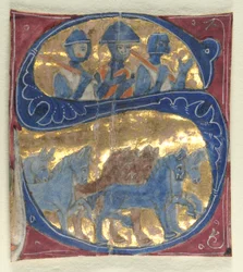Historisierte Initiale S aus einer Bibel: Soldaten und Pferde, 1200er Jahre