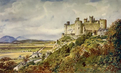 Historisches Harlech Castle, berühmt im walisischen Lied, ca. 1948