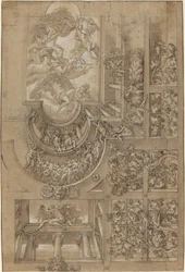Illusionistische Decke mit einem Weinlaubengang, Figuren auf Galerien und einem zentralen...