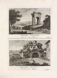 Illustration aus dem Buch Vedute antiche e moderne le più interessanti della città di Roma von unbekanntem Autor, veröffentlicht von Presso Venanzio Monaldini, Stefano Piale in Piazza di Spagna (Italien, ca. 1820)