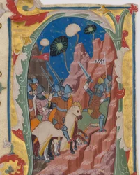 Initiale A mit der Schlacht der Makkabäer, ca. 1360-70
