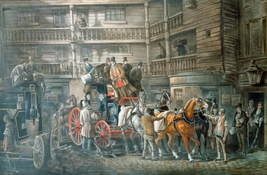 Gasthofhof mit Postkutsche, die sich zur Abfahrt vorbereitet, ca. 1840