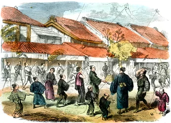 Japanisches Federballspiel auf den Straßen von Yokohama, 1865