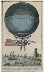 Jean Pierre Blanchard und John Jefferies kommen nach der Überquerung des Ärmelkanals in einem Heißluftballon in Calais an, 1785