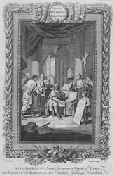 König Alfred der Große, bildet ein Gesetzbuch und teilt das Königreich in Grafschaften, ca. 1787