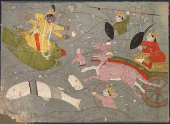 Krishna kämpft gegen die Söhne von Vanasura: Szene aus dem Aniruddha Usha Abschnitt von Krishna Lila, um 1840