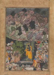 Krishna hält den Berg Govardhan hoch, um die Dorfbewohner von Braj zu schützen, Folio von..., ca. 1590-95