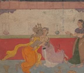 Krishna küsst Radha: Seite aus dem Boston Rasikapriya Liebesbreviarium, ca. 1610