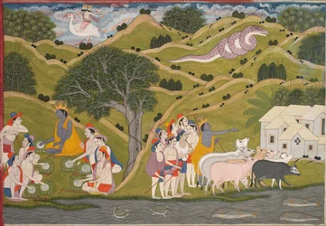 Krishna kehrt mit den Kuhhirten nach Braj zurück, aus einem Bhagavata Purana, ca. 1830