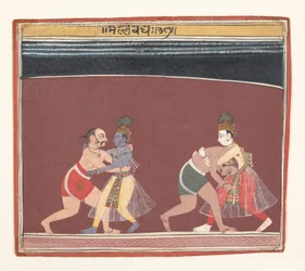 Krishna und Balarama kämpfen gegen die bösen Wrestler des Königs Kamsa, ca. 1650