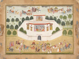 Krishna und Balarama in einem ummauerten Palast: Seite aus einem verstreuten Bhagavata Purana..., ca. 1700