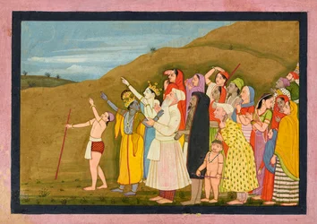 Krishna und seine Familie bewundern eine Sonnenfinsternis, vielleicht eine Seite aus dem KangraModi