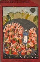 Krishna und die Gopis versammeln sich für Rasamandala, ca. 1720-1730