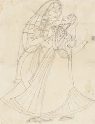 Krishna als Frau verkleidet umarmt Radha, 19. Jahrhundert