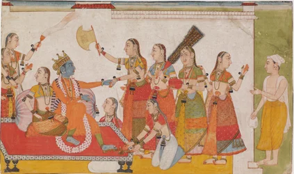 Krishna begrüßt Sudama, aus einem Bhagavata Purana