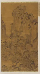 Landschaft: eine Bergschlucht, ein Bach, Gebäude und Menschen, Ming-Dynastie, 15.-16. Jahrhundert