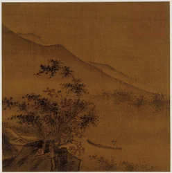 Landschaft: Hügel, Felsen, Bäume, Haus und ein Boot