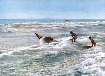Start eines Katamarans vor der Küste von Madras, Indien, Anfang des 20. Jahrhunderts