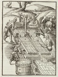 Waschen des Golderzes in mit Wasser gefüllten Holzschalen - Gravur aus Beschreibung der Erze und der wichtigsten Bergbaumethoden, von Lazarus Ecker