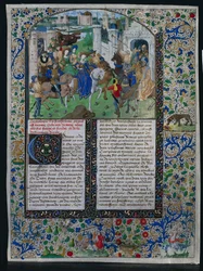 Blatt aus Jehan de Courcys Chronique Universelle: König Priamos trifft Helena und Paris..., ca. 1470