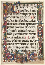 Blatt aus einem Psalter mit vollständigem Rand mit Medaillons Verkündigung, SS. Jerome, Clare..., 1475