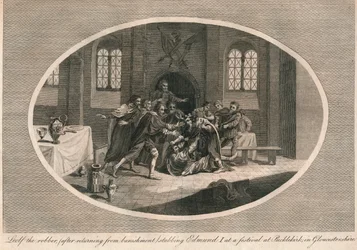 Leofa der Räuber ersticht Edmund I. bei einem Fest in Pucklekirk, Gloucestershire 946, 1793