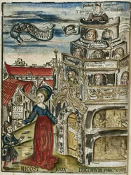 Die freien Künste, die Grammatik: Nicostrata (genannt Carmenta), hält ein Hornbuch, Lehrbuch (hier ein Alphabetbuch) und einen Schlüssel, der die Tür des Lernens für ein Kind öffnet