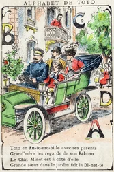 Buchstaben A B C D Auto Balkon Katze Puppenstube. Gravur in "Alphabet de Toto", Ende des 19. Jahrhunderts. Pont-a-Mousson Bildgebung. Louis Vagne, Drucker-Verleger. 12 Seiten.