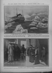 Liner in einem Eisfeld und Menschen, die auf Nachrichten über die Titanic-Katastrophe warten, 20. April 1912