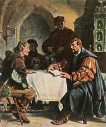 Luther als Junker Jörg im Gasthaus von Jena mit Schweizer Studenten, 1522, 1936