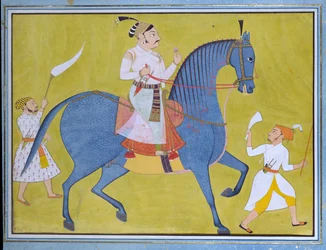 Maharaja Pratap Singh von Sawar reitet, mit zwei Begleitern zu Fuß, ca. 1700