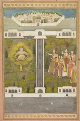 Mahliqa, Tochter des Kaisers von China, zeigt auf den Vogelmann Khwaja Mubarak...verso, um 171