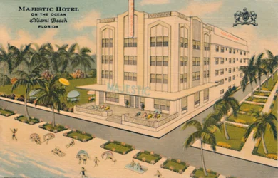 Majestic Hotel am Ozean. Miami Beach, Florida, ca. 1940er