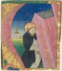 Manuskript-Illumination mit dem heiligen Dominikus, der die Kirche des heiligen Johannes rettet... Mitte des 15. Jahrhunderts