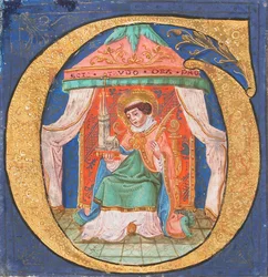 Manuskript-Illumination mit heiligem Trudo Trond in einer Initiale O, aus einem Chorbuch