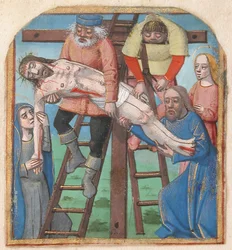Manuskript-Illumination mit der Kreuzabnahme, aus einem Stundenbuch, spätes 15. Jahrhundert