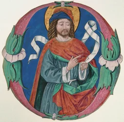 Manuskript-Illumination mit der Figur eines Heiligen in einer Initiale O, Italienisch, ca. 1480