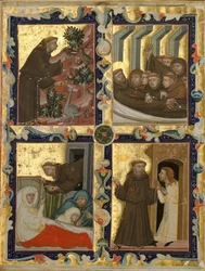 Manuskriptblatt mit Szenen aus dem Leben des Heiligen Franz von Assisi, Italien, ca. 1320-42