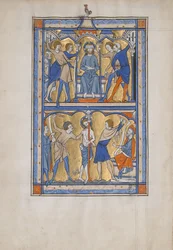 Manuskriptblatt mit der Verspottung und Geißelung Christi, aus einem königlichen Psalter, 13. Jahrhundert