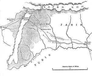 Karte, die den Marsch von General Roberts nach Peiwar Kotal vom 28. November bis 1. Dezember 1878 zeigt, ca. 1880