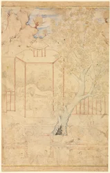 Meister und Schüler in einem Gartenpavillon, Einzelblatt-Illustration, um 1570-1590er Jahre