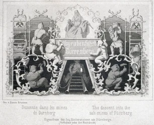 Salzmine: Abstieg in die Salzminen von Durrnberg, Österreich, um 1850