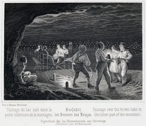 Salzmine: Überquerung des Salzsees im Inneren des Berges, ca. 1850, in Dürnberg, Österreich