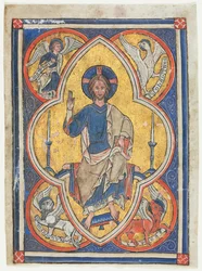 Miniatur aus einem Psalter: Christus in Majestät mit Symbolen der vier Evangelisten, ca. 1235