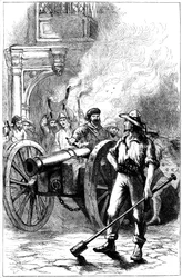 Mob feuert Kanone vor dem Gerichtsgebäude, in dem Alexander McLeod eingesperrt war, 1840 um 1880